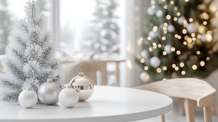 Tranquil winter scene composition featuring matte white ornaments, organic pine branch elements, delicate metallic miniature tree, soft focus fairy light background, pristine white circular table,