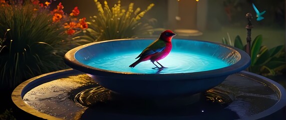 A cheerful bird bath decorated with bright colors attracting beautiful birds
