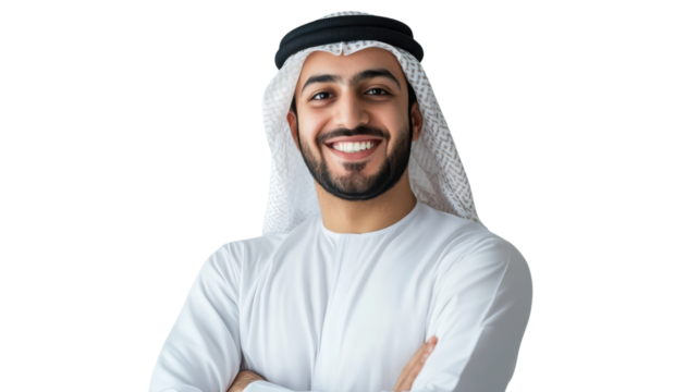 Smiling young man in traditional Emirati attire poses confidently with crossed arms - Powered by Adobe