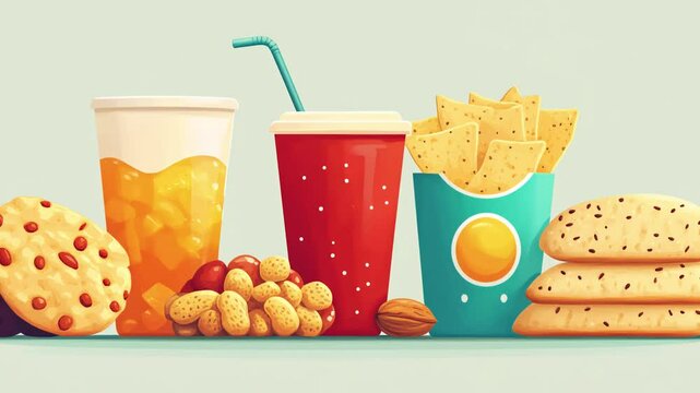 unhealthy junk food: chips, nuts, crackers, and juice, showcasing the convenience and fast food nature of these items.