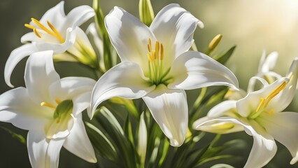 Obraz premium Blooming Easter lilies with soft white petals and a yellow center, bathed in gentle sunlight, AI generated