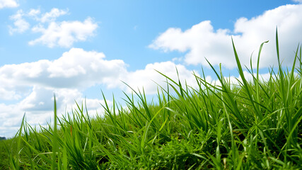 Fototapeta premium Green grass and blue sky with white clouds