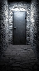 Obraz premium Mysterious Metal Door in a Dark Brick Corridor