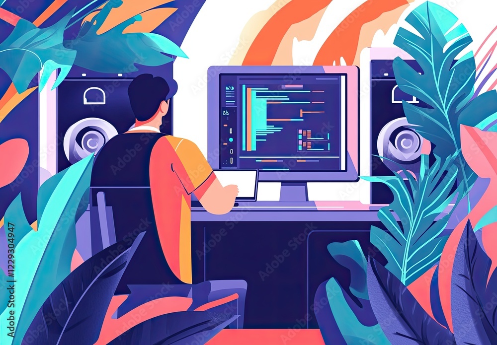 Poster engineer inspecting data center, coding, managing networks, and handling hardware and gdpr issues