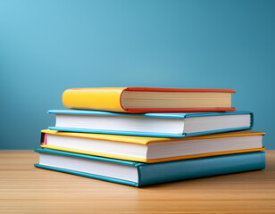 Un grupo de libros de diferentes colores apilados sobre una mesa sobre un fondo azul
