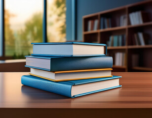 Fototapeta premium Libros de estudio de colores diferentes apilados sobre una mesa en una sala de estudio o biblioteca