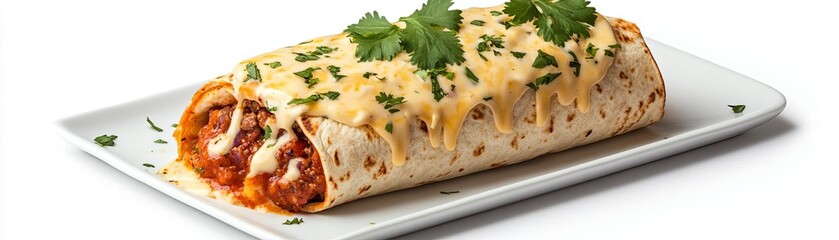 A burrito topped with melted queso and cilantro garnish, ultra-realistic detail, isolated on white background
