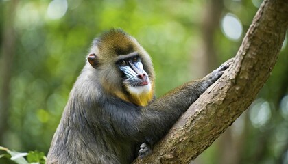 Obraz premium AI generated, animal, animals, mammal, mammals, biotope, habitat, a, individual, foraging, wildlife, mandrill (Mandrillus sphinx), climbs, tree