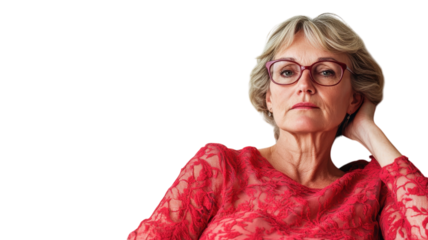 Older woman in red lace top sitting thoughtfully with one hand on her head in a bright setting