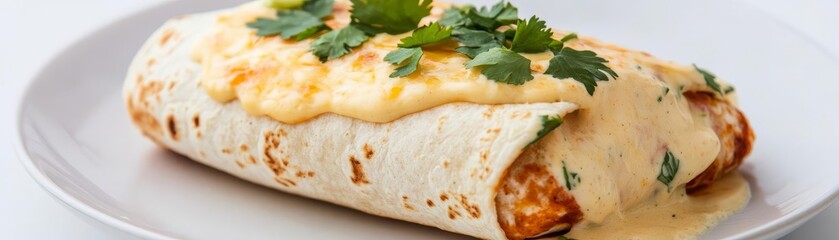 A burrito topped with melted queso and cilantro garnish, ultra-realistic detail, isolated on white background
