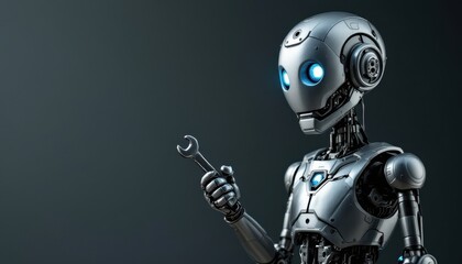 Robot holding a wrench in a neutral gray background, repair.