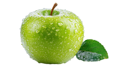 Closeup of a Green Apple with Water Droplets and Leaf on Black B