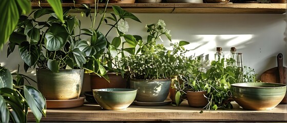 A sunlit kitchen corner, with a rustic wooden shelf holding neatly arranged ceramic bowls and a single, vibrant green houseplant, AI generated