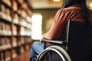 Obraz premium Woman in wheelchair with blurry college or university library in background. KI generiert, generiert AI generated