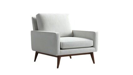 Modern light grey armchair with mid-century modern wooden legs, isolated on white background. Perfect for interior design, home decor, and furniture catalogs.