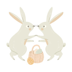 Easter bunnies with basket and eggs