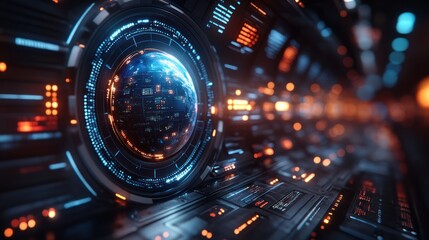 Futuristic control panel displays global data