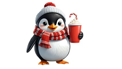 Adorable cartoon penguin wearing winter attire holds a festive hot chocolate. Perfect for holiday cards, children's books, or winter-themed designs.