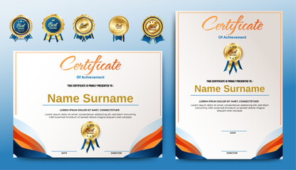 Elegant certificate template. Modern diploma award border design with gold badges. Horizontal and vertical.  Vector illustration
