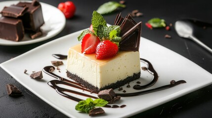 Matcha Flavored Cheesecake Dessert with Strawberries and Mint Leaves on Plate