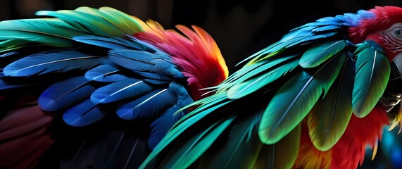 A close up of iridescent feathers from a parrot adorned in brilliant colors