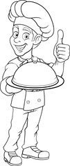 A chef or baker cartoon cook giving thumbs up and holding a platter plate with cloche mascot character illustration
