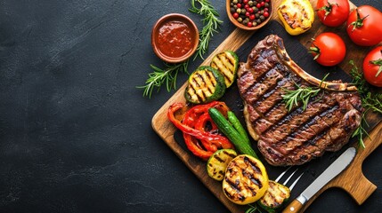 Gourmet Grilled Steak Served with Fresh Vegetables on Wooden Board