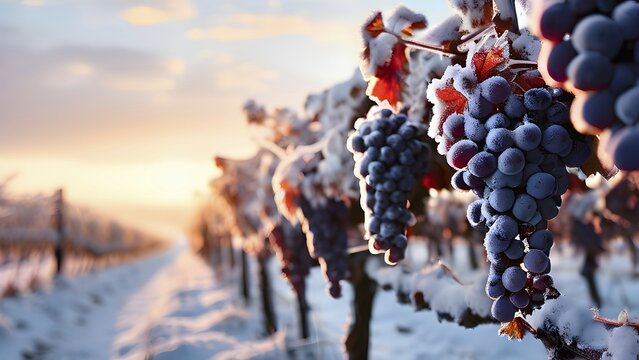 AI generated close up of grapevines in winter in the vineyard with snow blankets dormant vines and ambient light