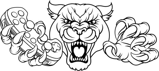 A panther, leopard or cougar wildcat cat jaguar gamer sports mascot holding a video game controller