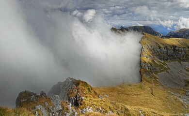 Spieljoch demolition edge in fog, Hochiss, Rofan Mountains, Achensee, Tyrol, Austria, Europe