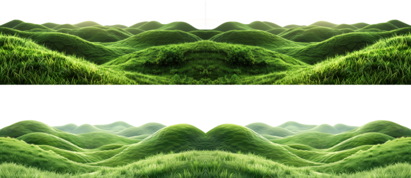 Stunning panoramic view of rolling green hills and meadows under a bright sky