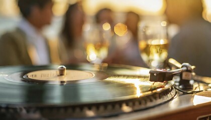 Obraz premium Close-up of a vinyl record playing on a turntable with a blurry social gathering in the background, AI generated