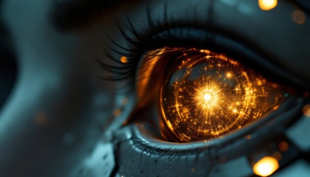 Close-up of a human eye with glowing orange patterns detail.