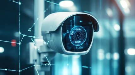 futuristic geometric background, seamless Security operator controls CCTV camera in office, using digital tablet with surveillance camera playback on screen. High-tech security with facial recognition