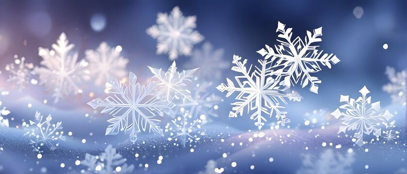 Abstract pattern of snowflakes in varying sizes and shapes in soft white and blue gradients, AI generated
