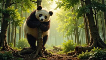 Obraz premium Giant panda hugging tree branch in bamboo forest, nature's tranquility