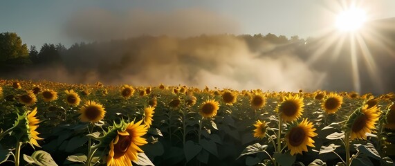 A colorful blooming garden filled with sunflowers dancing joyfully beneath the summer sun