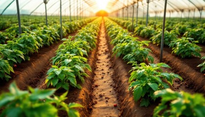 Greenhouse interior with rows of plants growing, sunlight.