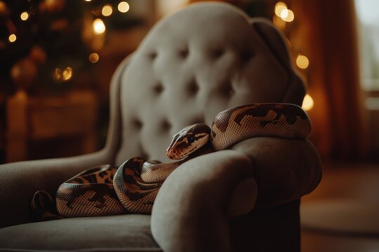 Beautiful ball python is comfortably coiled on a plush grey armchair, adding an exotic touch to a warm, christmas lit living room, creating a unique and captivating scene