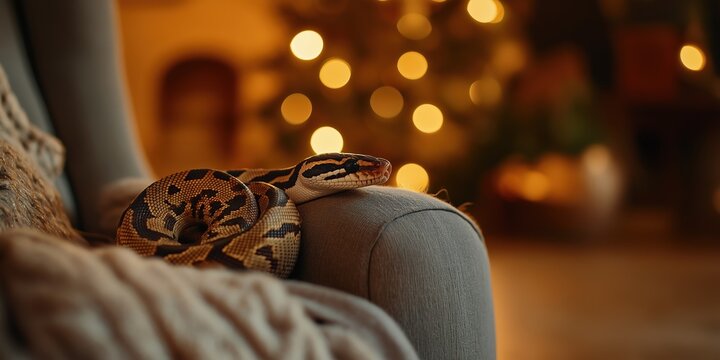 Ball python is lying on a grey armchair with a cozy blanket, in front of a warm and illuminated christmas tree, creating a festive and unusual atmosphere