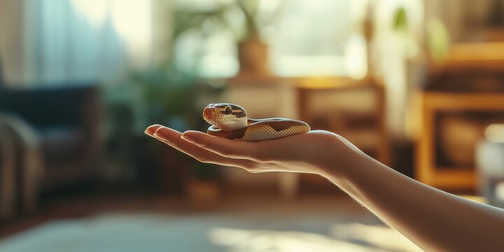 Woman gently holds a ball python in the palm of her hand, creating a serene scene of connection between human and reptile in a minimalist living room setting