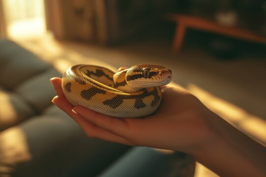 Gentle hands cradling a ball python, illuminated by warm sunlight streaming through a window, creating a peaceful and intimate moment between human and reptile in a home setting