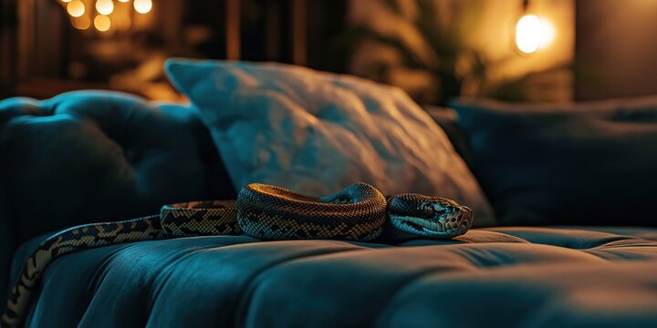 Beautiful ball python is peacefully resting on a plush, teal sofa, adding an exotic touch to the warm and inviting atmosphere of a dimly lit living room, illuminated by soft, ambient lighting