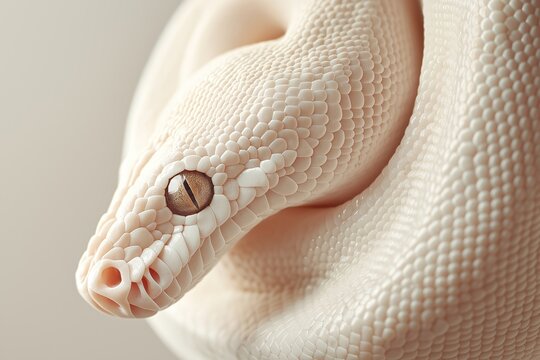 Close up minimalist photography of a ball python showing off its intricate scales and captivating eye, creating a mesmerizing and elegant image with a neutral background