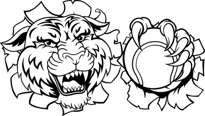 A tiger with a tennis ball sports team animal cartoon mascot