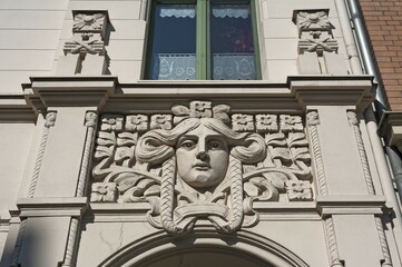 Art Nouveau ornament on townhouse entrance, circa 1900, Görlitz, Upper Lusatia, Saxony,...