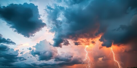 Fototapeta premium risk management analysis training concept. A dramatic sky filled with dark clouds, illuminated by flashes of lightning, creating a powerful and intense atmosphere.
