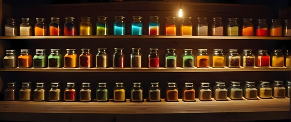 Fototapeta premium A colorful display of spices in vibrant jars arranged on a wooden shelf in a local market