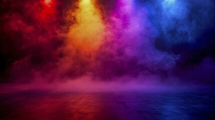 Fototapeta premium A vibrant and energetic stage setup with colorful spotlights and thick smoke, AI generated