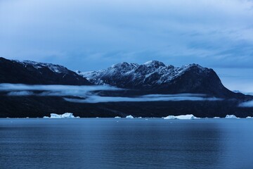 Drift ice in Scoresbysund at dawn, Scoresbysund, East Greenland, Greenland, North America